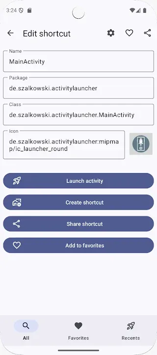 Activity Launcher में शॉर्टकट के लिए नाम, पैकेज और क्लास