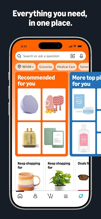 Amazon Shopping home with personal recommendations and category shortcuts