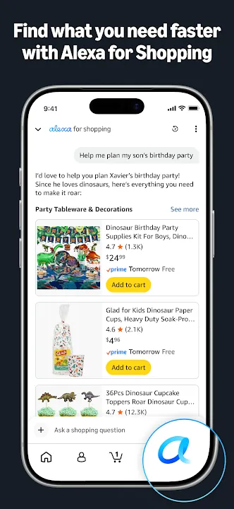 Alexa chat suggesting dinosaur party supplies with Add to cart buttons