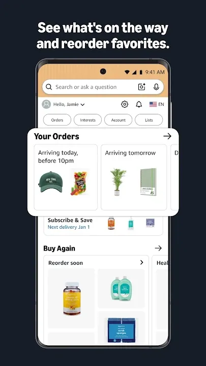 Amazon order tracking with deliveries due today and reorder suggestions