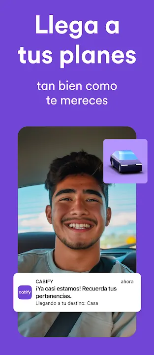 Promo de Cabify con un joven sonriente y una notificación de llegada
