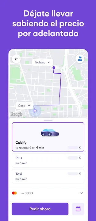 Pantalla para pedir un Cabify con ruta en el mapa y tarifas