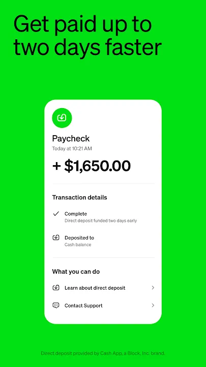 Paycheck deposit of $1,650 with transaction details on a green screen
