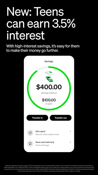 Savings screen with a $400 balance and a $100 goal for teens