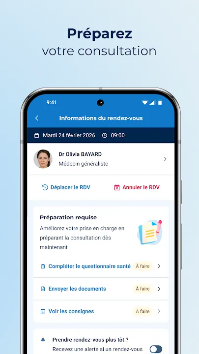 Détails du rendez-vous Doctolib avec questionnaire et documents à envoyer