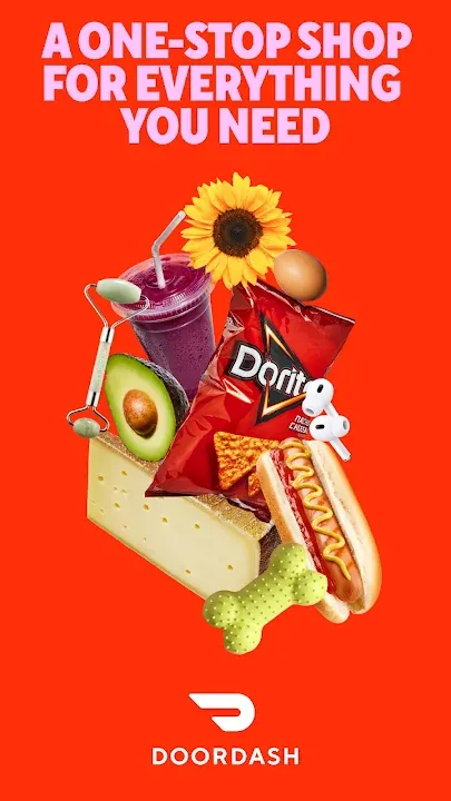 DoorDash promo with sunflower, Doritos, hot dog and avocado