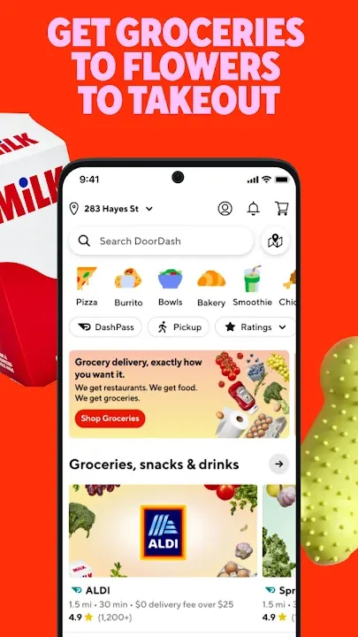 Home feed with food categories and an ALDI grocery store