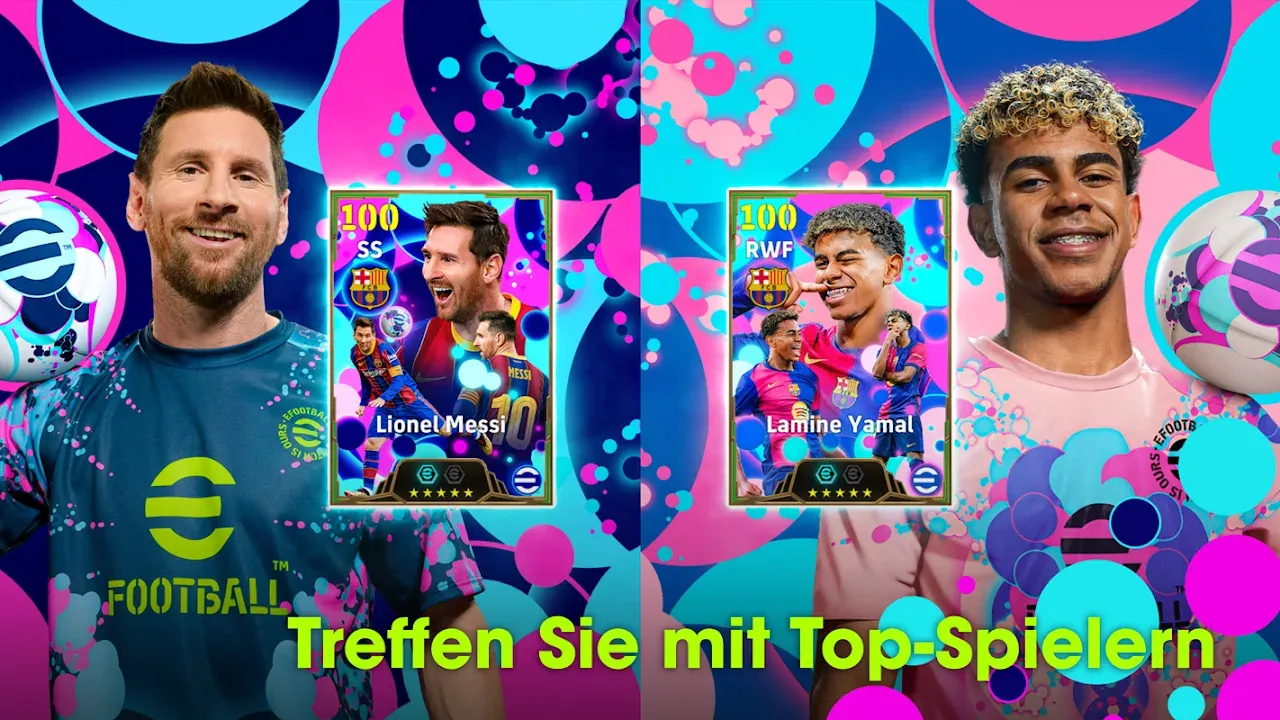 eFootball-Werbebild mit Messi, Lamine Yamal und ihren Spielerkarten