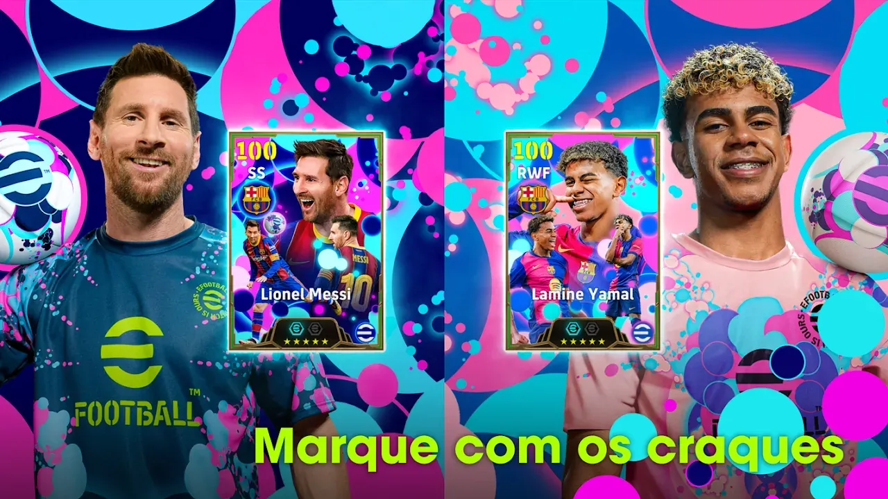 Promo do eFootball com Messi, Lamine Yamal e cartas de jogador