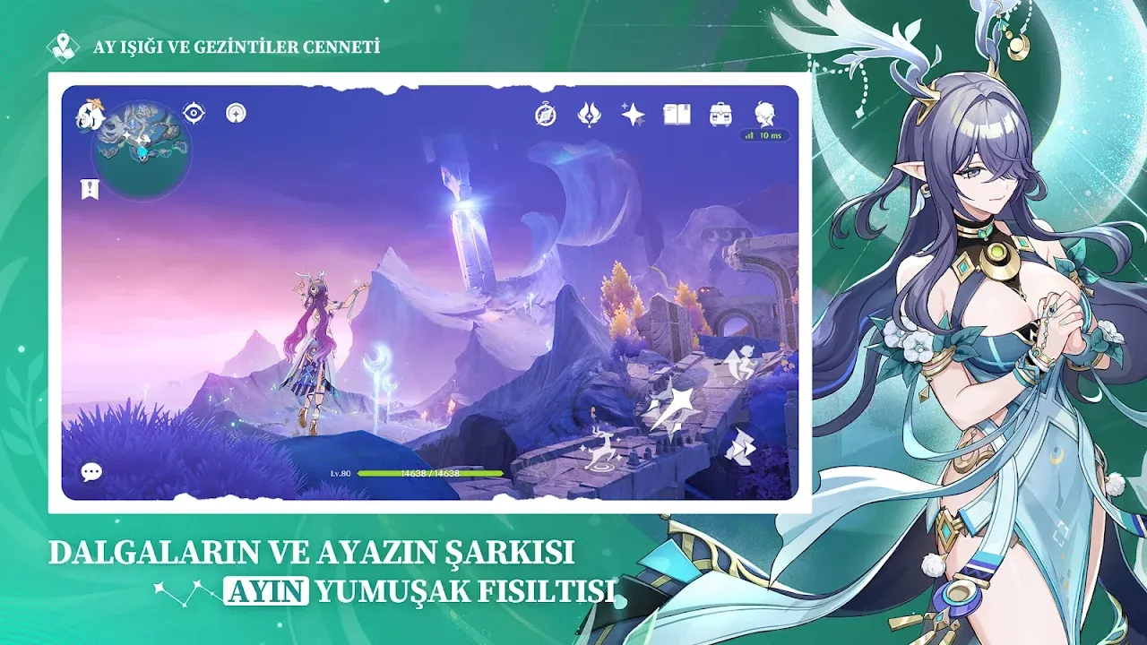 Genshin Impact'te mor saçlı karakter ve ay ışığında dağ manzarası