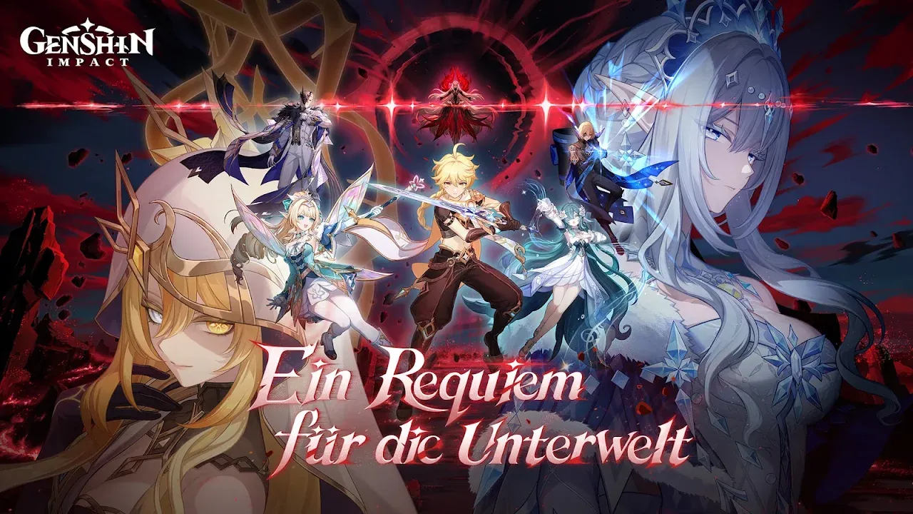 Genshin Impact Werbebild mit Figuren vor dunkelrotem Hintergrund