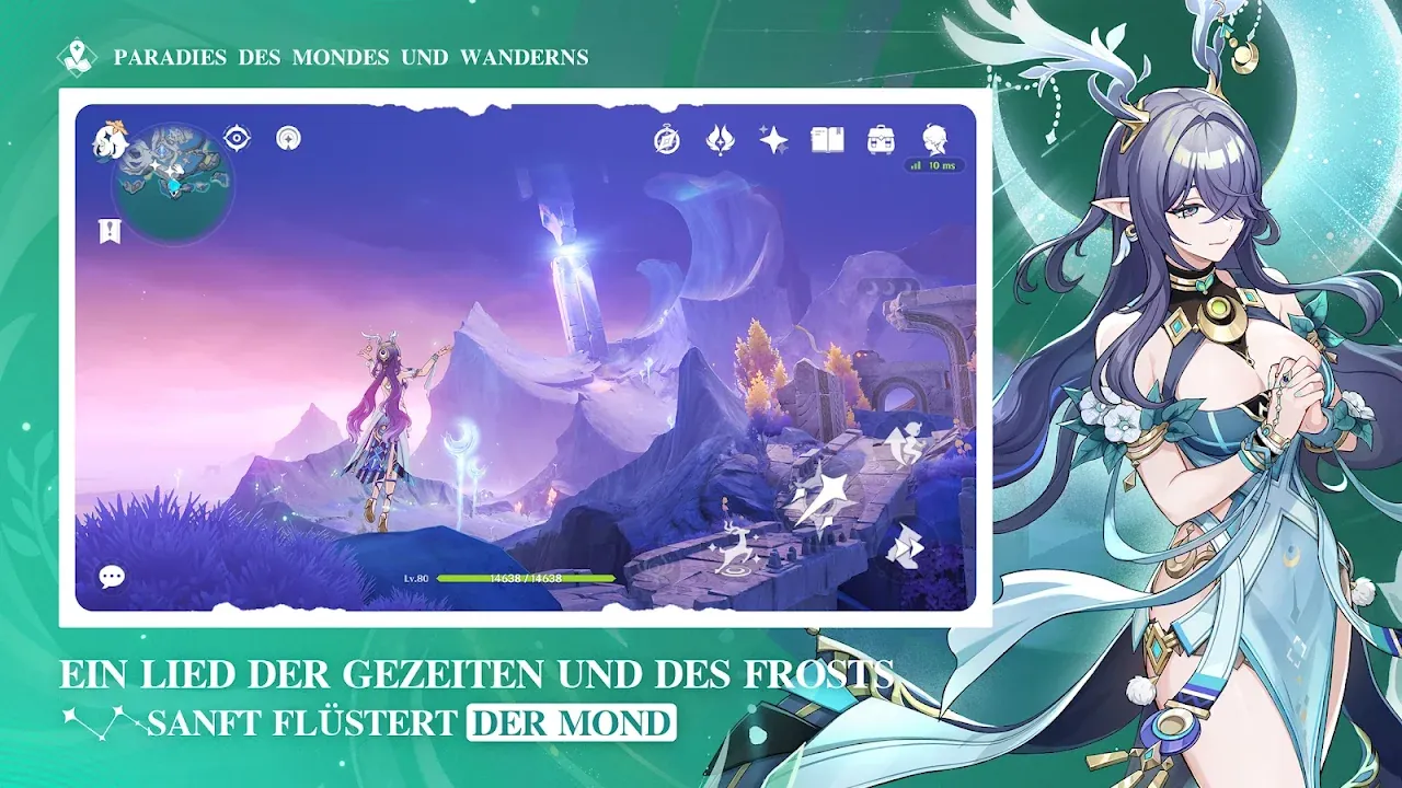 Genshin Impact: Figur mit lila Haaren und Berge im Mondlicht
