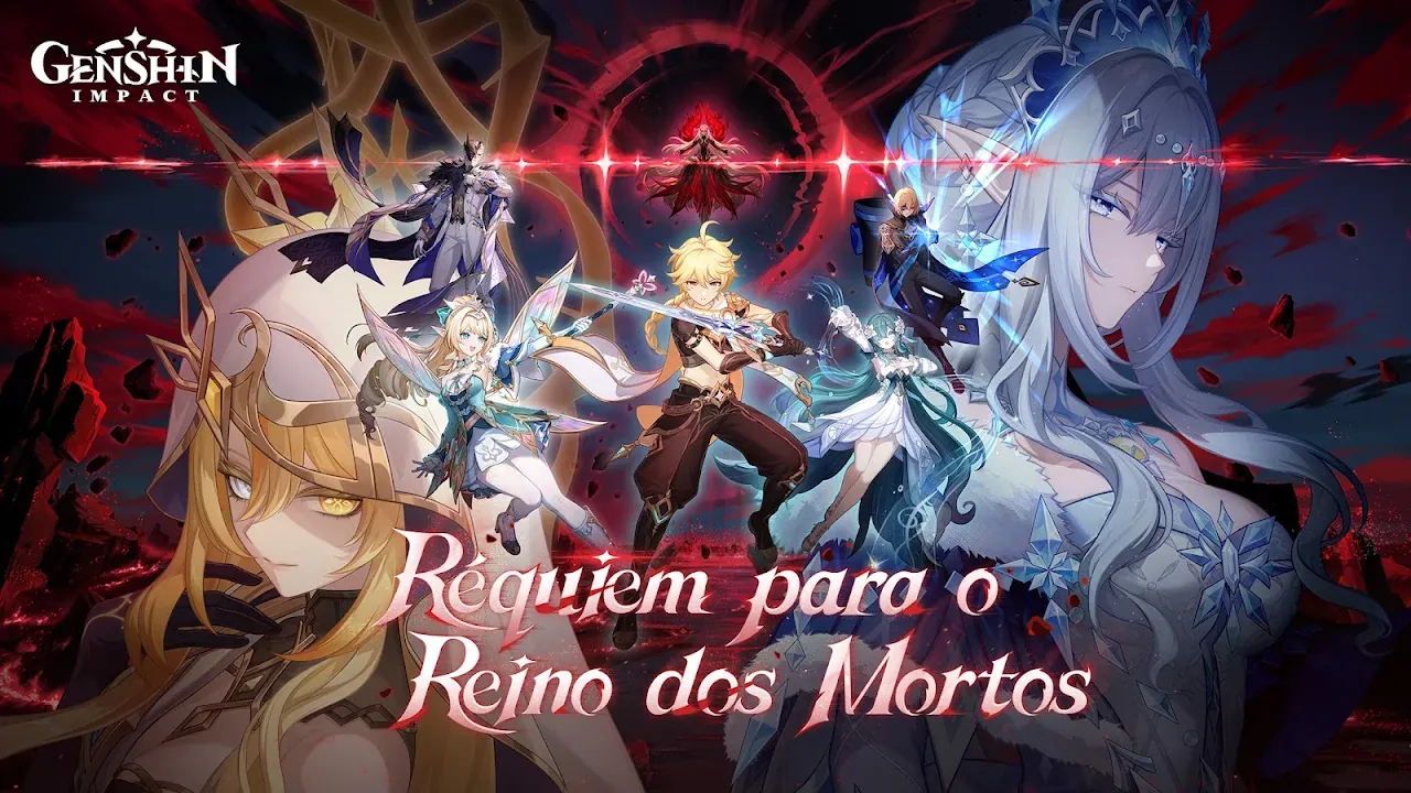 Arte sombria do Genshin Impact com personagens em combate
