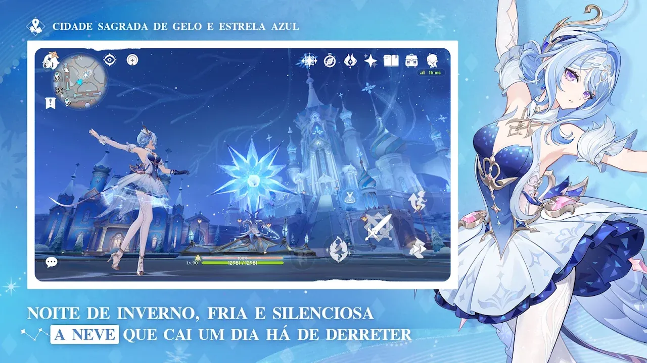 Personagem de cabelo azul em cenário de gelo e cristais