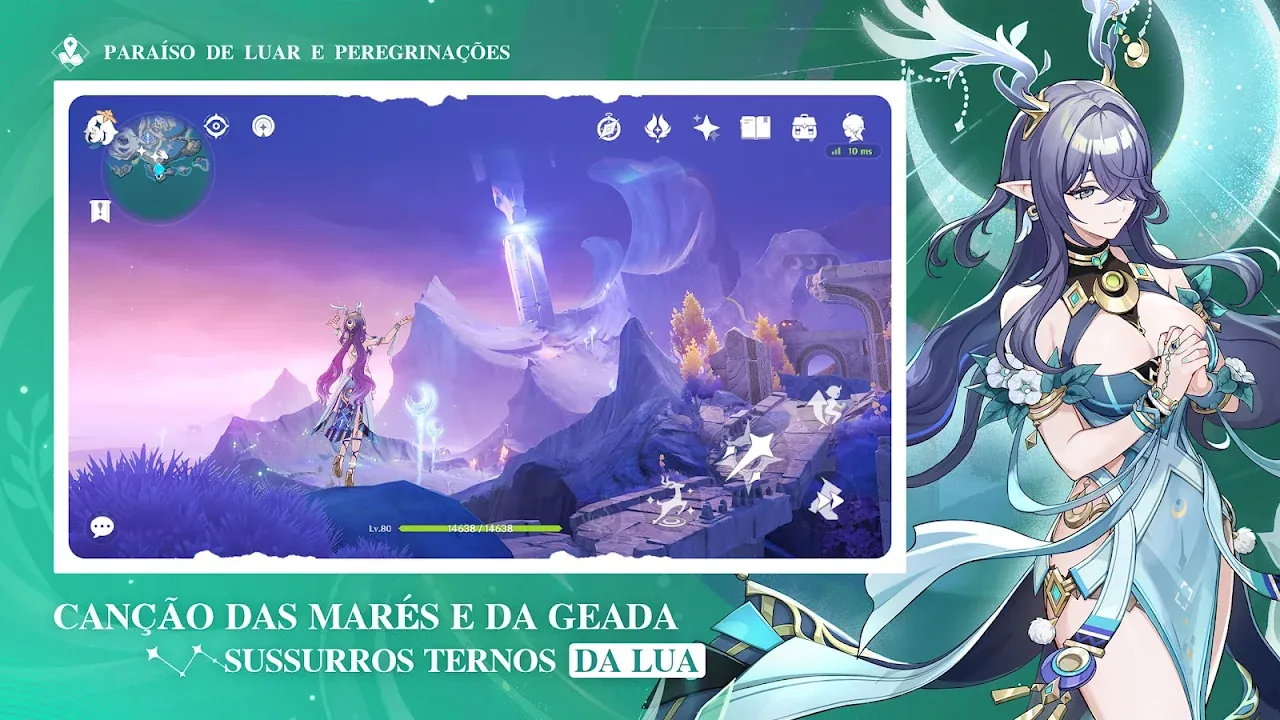 Genshin Impact com heroína de chifres e paisagem sob a lua