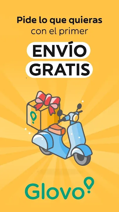 Repartidor en moto con un paquete de regalo y el logo de Glovo