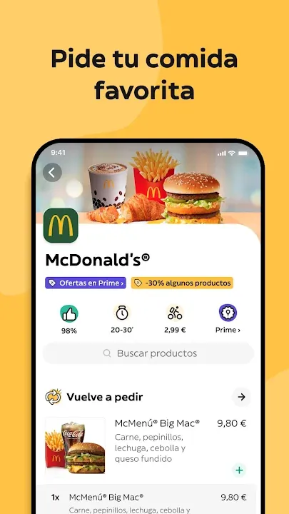 Menú de McDonald’s en Glovo con Big Mac y opción de repetir pedido