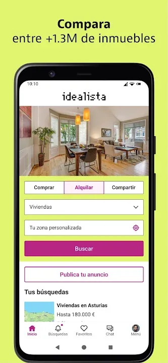 Buscador de idealista con foto de un salón y filtros de alquiler