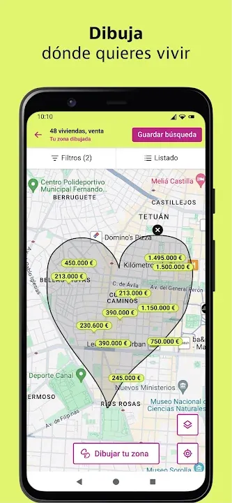 Mapa de Madrid con una zona dibujada en forma de corazón y precios