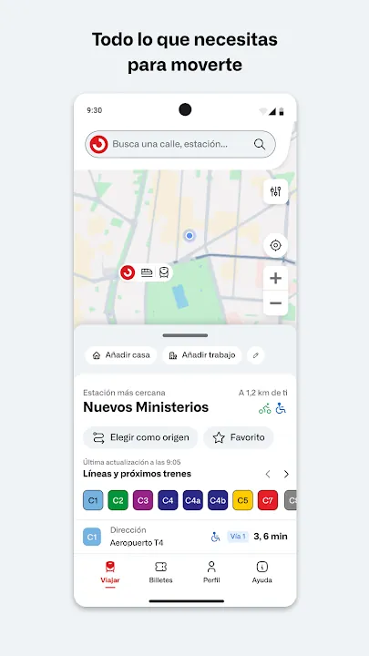 Mapa de Cercanías con la estación Nuevos Ministerios y próximos trenes