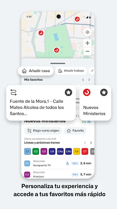 Favoritos guardados y líneas de tren en la pantalla de inicio