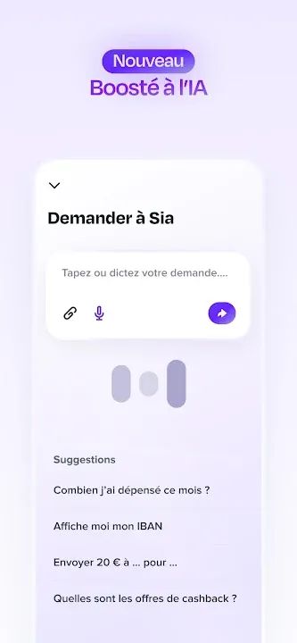Assistante Sia avec champ de demande et suggestions de questions