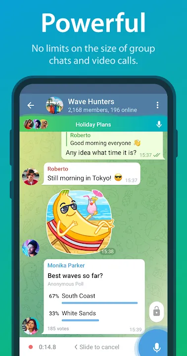 Wave Hunters ग्रुप चैट में केले का स्टिकर और पोल