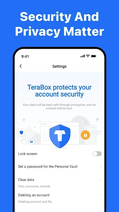 TeraBox सेटिंग्स में अकाउंट सुरक्षा और लॉक स्क्रीन विकल्प