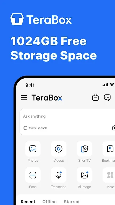 TeraBox होम पेज पर सर्च बार और फ़ोटो, वीडियो के बटन