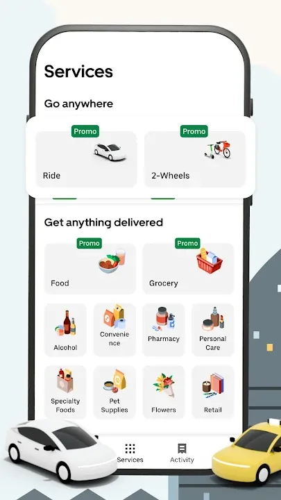 Services menu with rides, two-wheelers, food, grocery and pharmacy