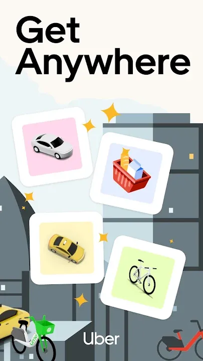 Uber promo art with car, grocery basket, taxi and bike icons
