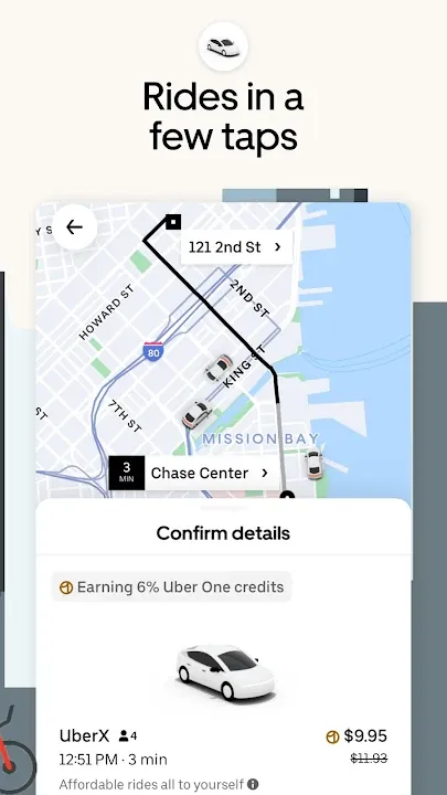 Map route to Chase Center and an UberX price confirmation