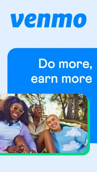 Venmo promo banner with two smiling friends sitting outdoors
