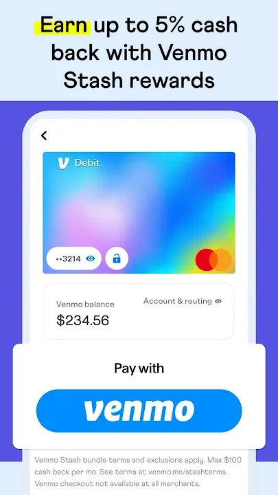 Venmo debit card with account balance and a Pay with Venmo button