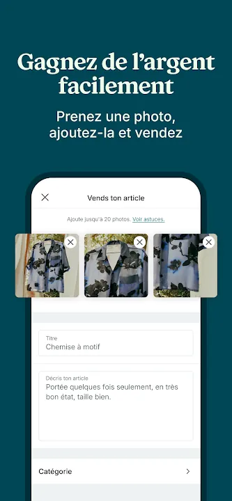 Mise en vente d’une chemise à motif avec trois photos