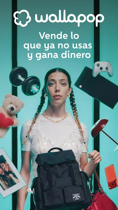 Promo de Wallapop con una chica y objetos de segunda mano volando